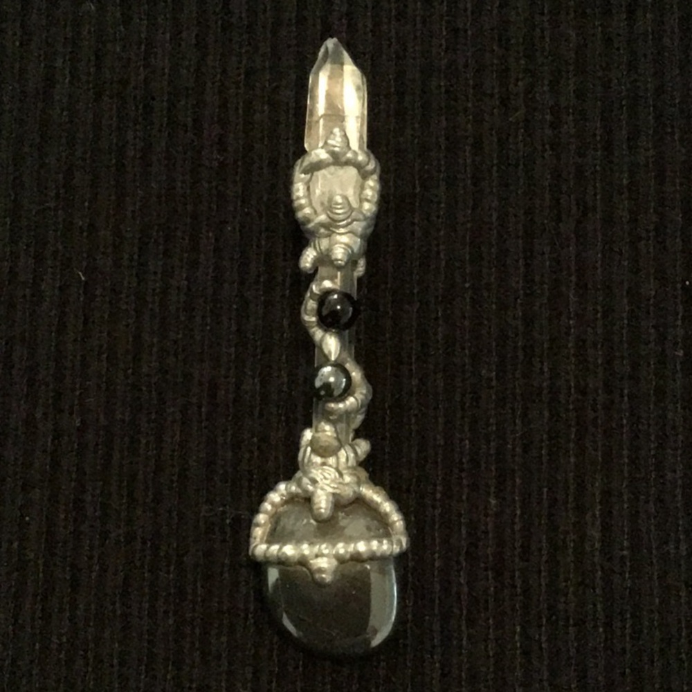 Vintage 80s 90s Silver Wrapped Unisex Hematite Onyx Crystal Pendant
